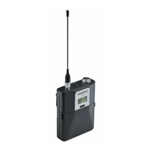 Shure AD1 Axient Digital Bodypack Transmitter: The AD1 bodypack from the front, its antenna up.
