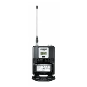 Shure AD1 Axient Digital Bodypack Transmitter: The AD1 from the front with its battery door open.