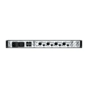 Shure AD4Q Axient Digital Four-Channel Wireless Receiver: The AD4Q rear panel, with its XLR and 1/4 in outputs, network ports, and antenna inputs.