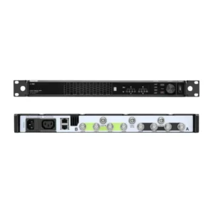 Shure AD8C Axient Digital PSM 8-Port Antenna Combiner: The AD8C front and rear panels, the rear with its eight RF inputs and antenna outputs.