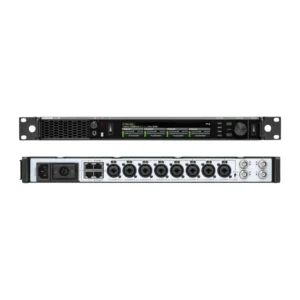 Shure ADTQ Axient Digital PSM Quad Wireless Transmitter: The ADTQ front and rear panels, the rear with its eight combo inputs, Ethernet ports, and antenna outputs.
