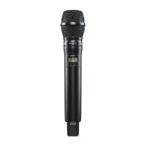 Shure ADX2FD Handheld Transmitter with Mic Capsule: The ADX2FD handheld standing upright, with a black capsule and its display.