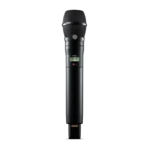 Shure ADX2 Handheld Transmitter with Mic Capsule: The ADX2 handheld standing upright, with a black capsule and its display.