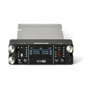 Shure ADX5D Axient Digital Dual-Channel Portable Receiver: The ADX5D receiver from the front, with its two channel displays.