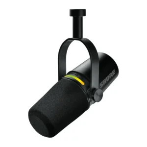 Shure MV7+ Podcast Microphone: The black MV7+ on its yoke, with the LED touch panel lit.