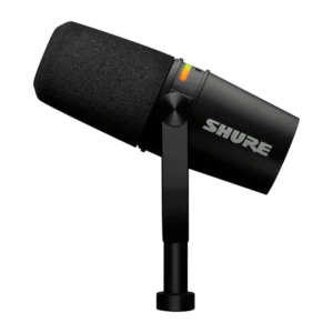 Shure MV7+ Podcast Microphone: The black MV7+ at an angle on its yoke.
