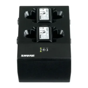 Shure SBC200 Dual Docking Charger: The SBC200 with two bodypacks docked and its status LEDs.