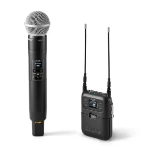 Shure SLXD25/SM58 Portable Wireless System: The SLXD2 handheld with its SM58 grille beside the SLXD5 portable receiver.