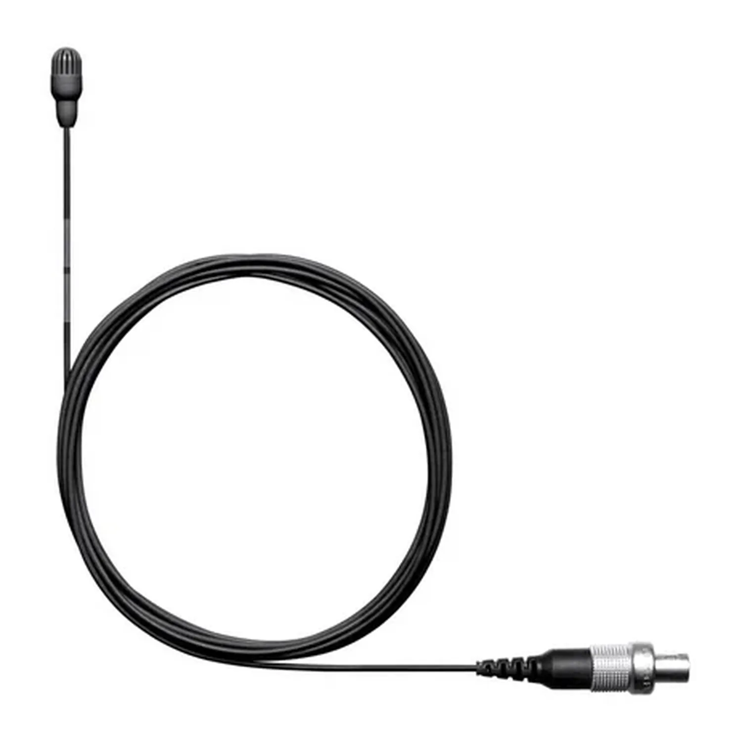 Shure TwinPlex TL45 Subminiature Lavalier Microphone: The black TL45 lavalier with its thin cable coiled and its LEMO connector.