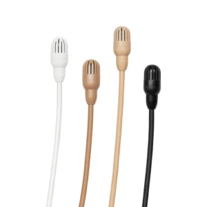Shure TwinPlex TL47 Subminiature Lavalier Microphone: Four TL47 lavaliers side by side, in white, tan, cocoa, and black.