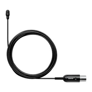 Shure TwinPlex TL47 Subminiature Lavalier Microphone: The black TL47 with its cable coiled and an in-line XLR preamplifier.