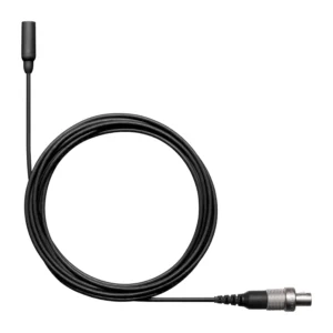Shure TwinPlex TL48 Subminiature Lavalier Microphone: The black TL48 with its cable coiled and a LEMO3 connector.