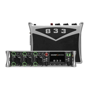 Sound Devices 833 Portable Mixer-Recorder: Two views of the 833, its top panel and 833 badge above its front panel controls.
