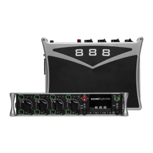 Sound Devices 888 Portable Mixer-Recorder: Two views of the 888, its top panel and 888 badge above its front panel controls.