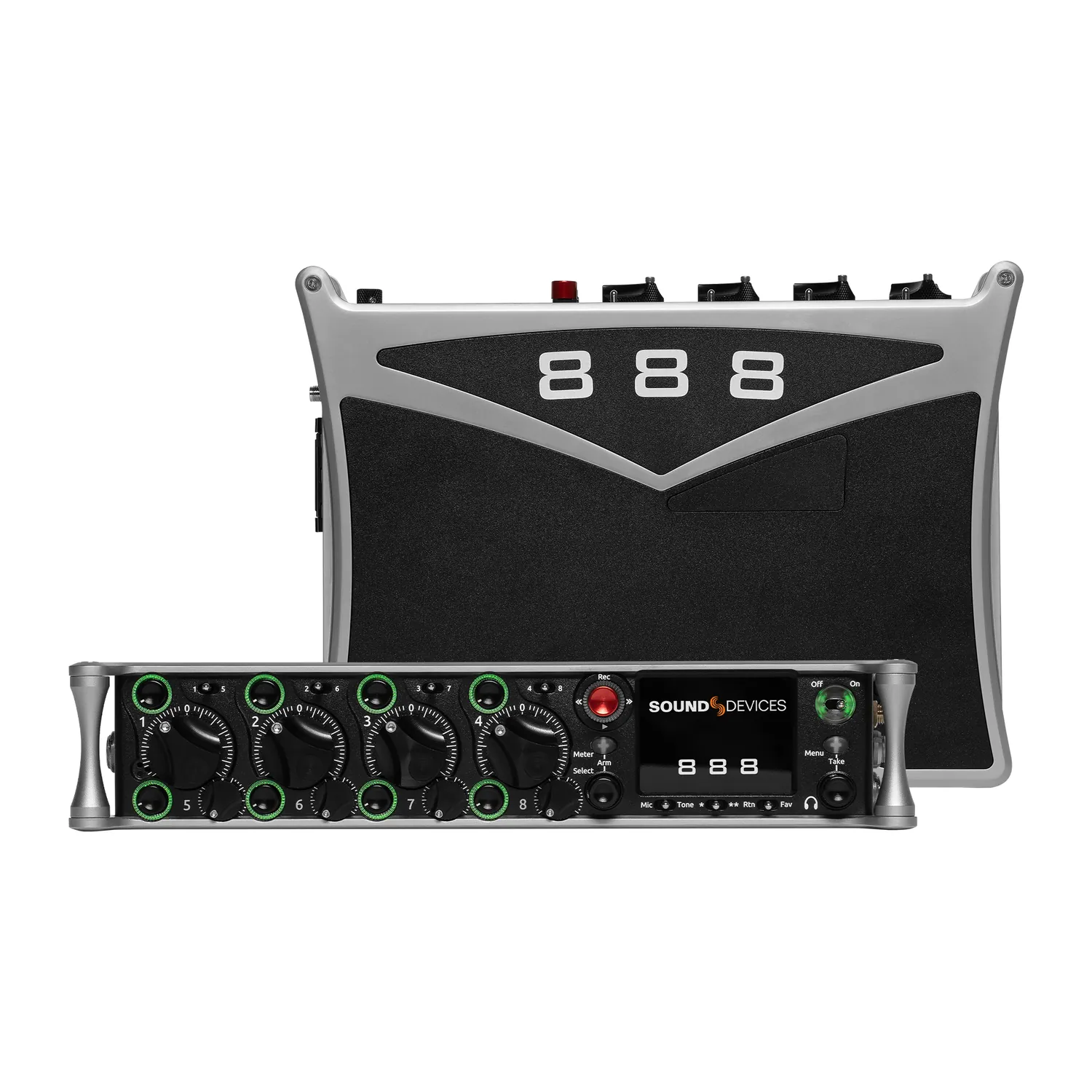 Sound Devices 888 Portable Mixer-Recorder: Two views of the 888, its top panel and 888 badge above its front panel controls.