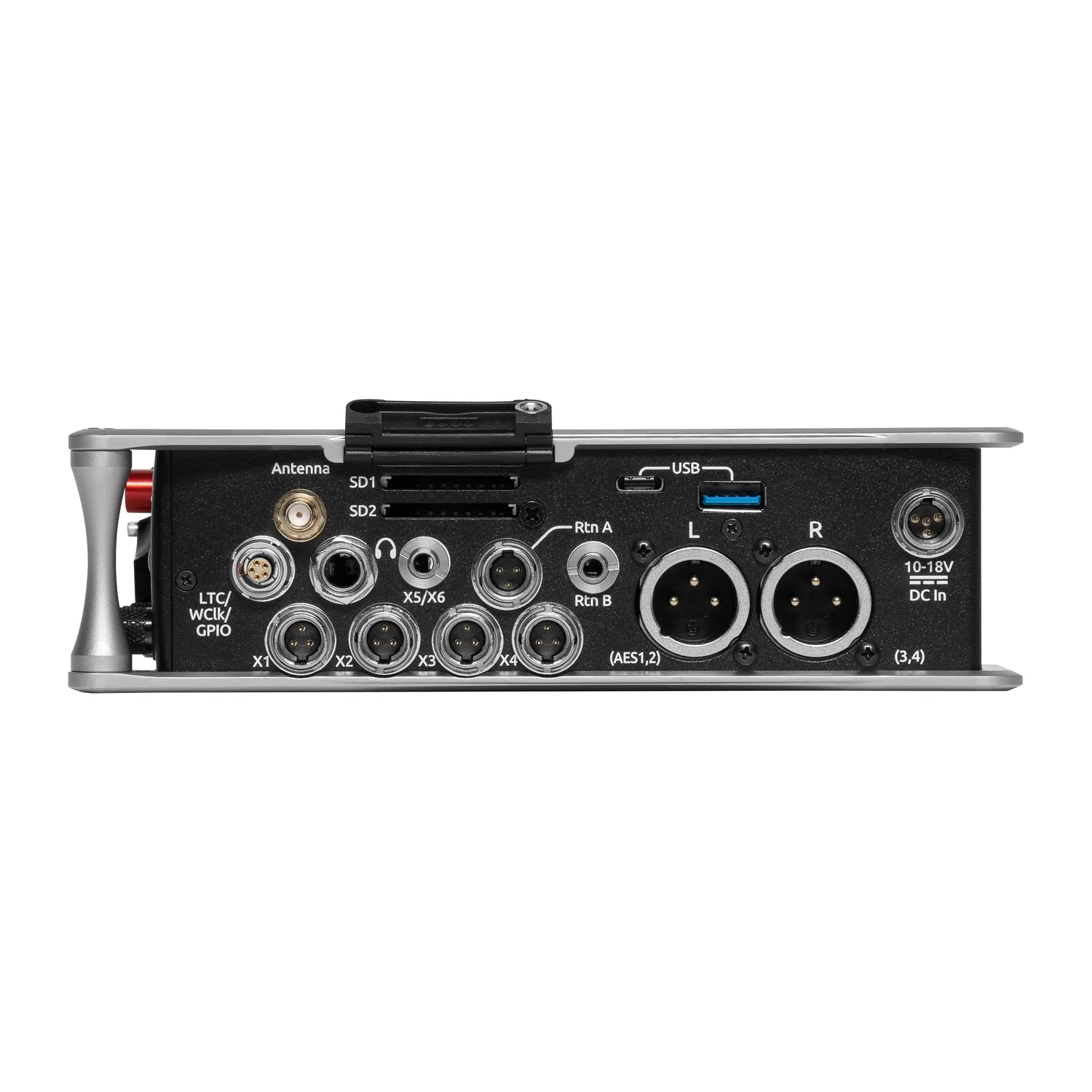 Sound Devices 888 Portable Mixer-Recorder: The right side panel with its outputs, card slots, and ports.