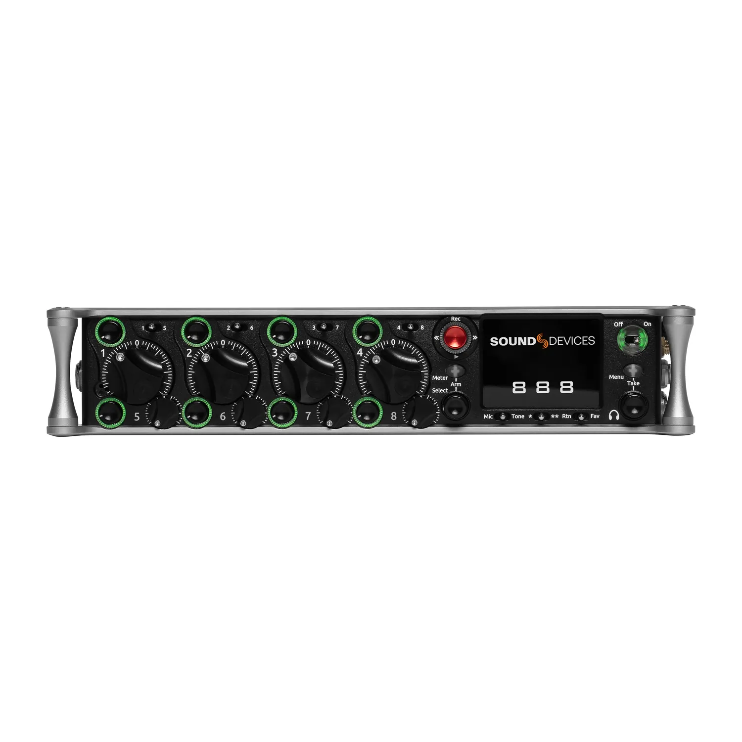 Sound Devices 888 Portable Mixer-Recorder: The front panel with its trim and fader controls and screen.