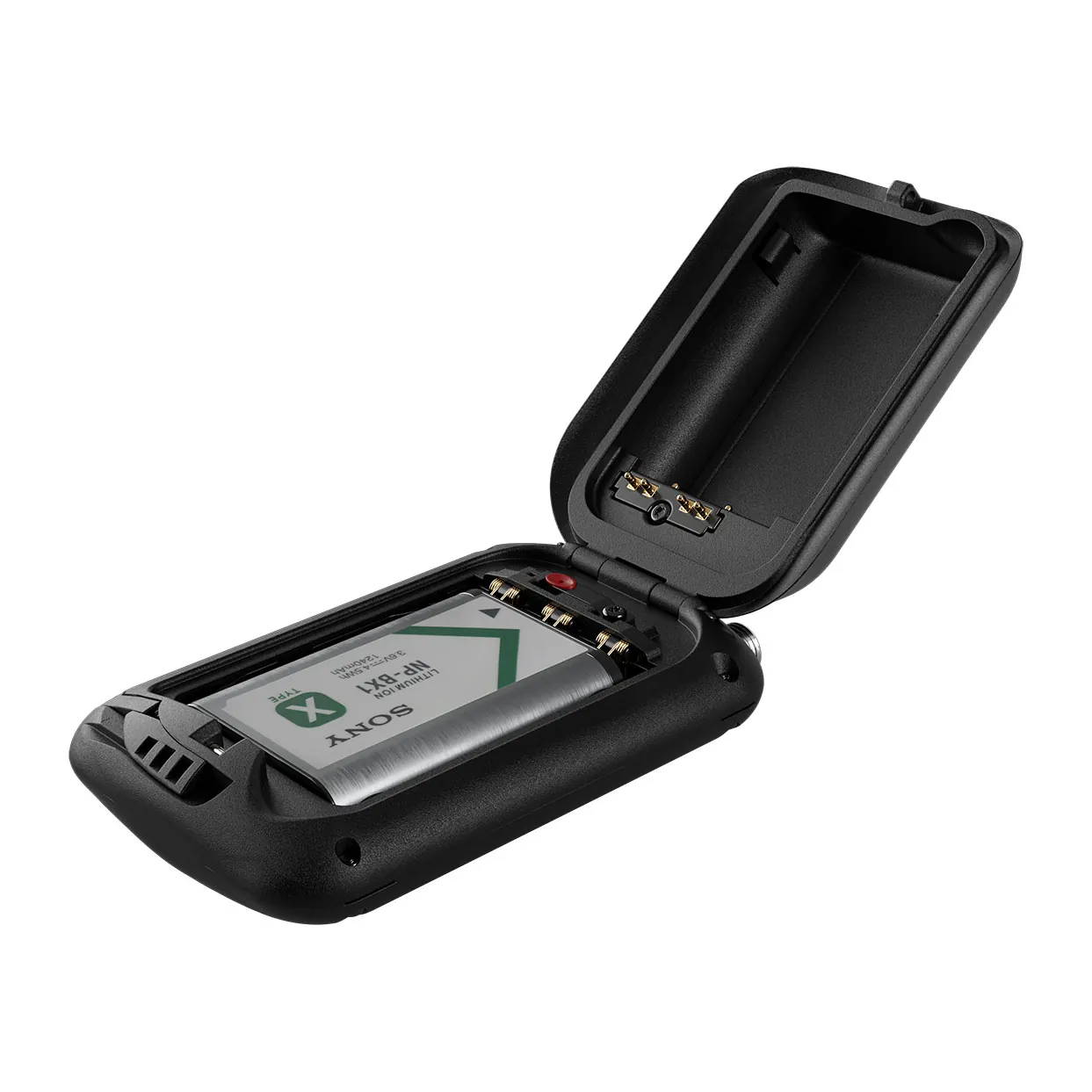 Sound Devices A20-BatteryDoubler Dual Battery Adapter for Astral Mini: The door open with two NP-BX1 batteries inside.