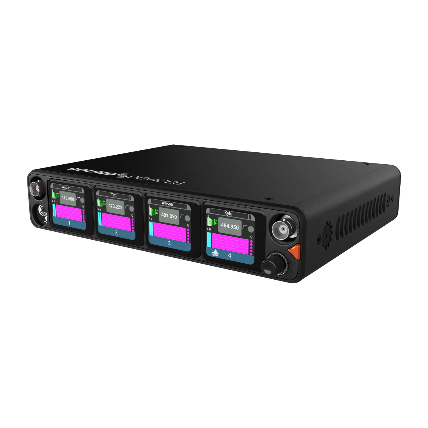 Sound Devices Astral ARX8 Digital Wireless Receiver: The ARX8 at an angle, with its front panel display.