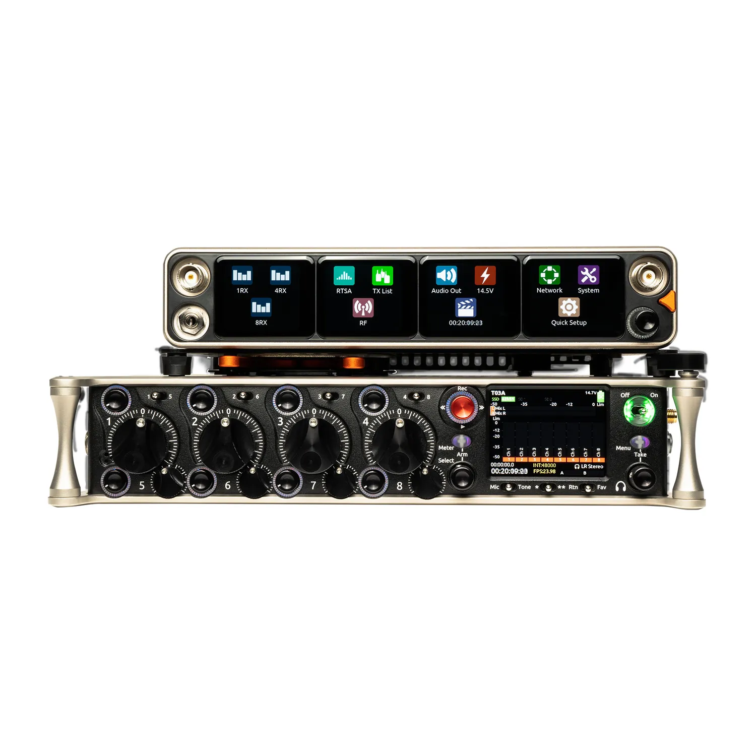 Sound Devices A20-QuickDock Receiver Dock for 8-Series: An Astral receiver docked on top of an 8-Series mixer-recorder.