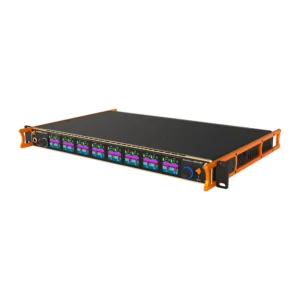Sound Devices Astral ARX32 Digital Wireless Receiver: The receiver from the front right, with its row of channel displays and orange rack ears.