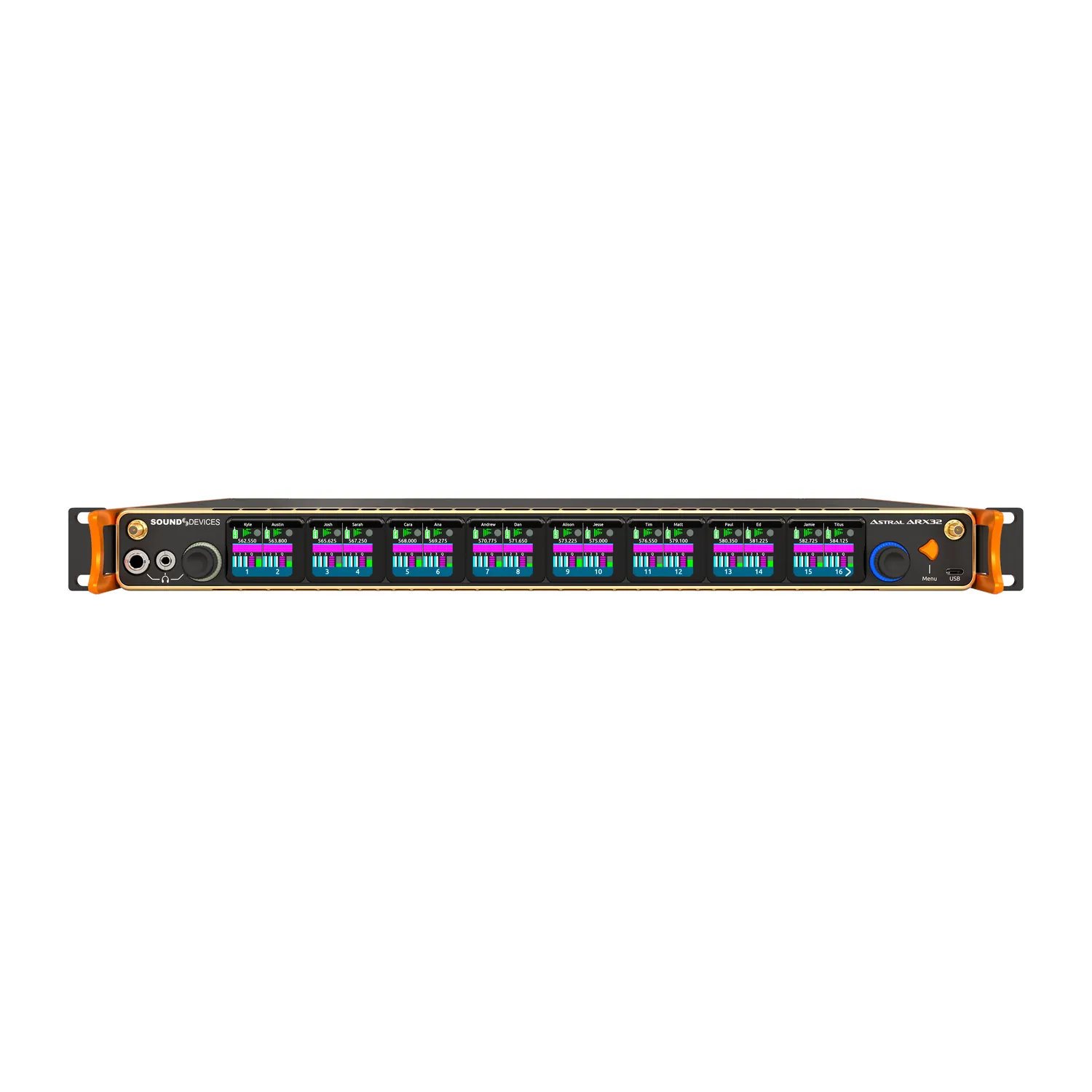 Sound Devices Astral ARX32 Digital Wireless Receiver: The front panel with its displays and headphone outputs.