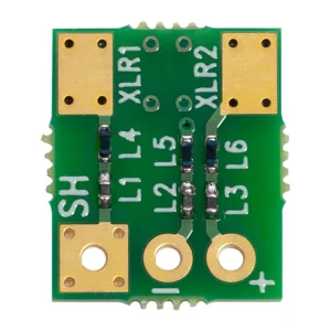 Sound Devices A-FILTER RF Filter Board for XLR Cables, a green circuit board seen from the front with its gold XLR and shield solder pads.