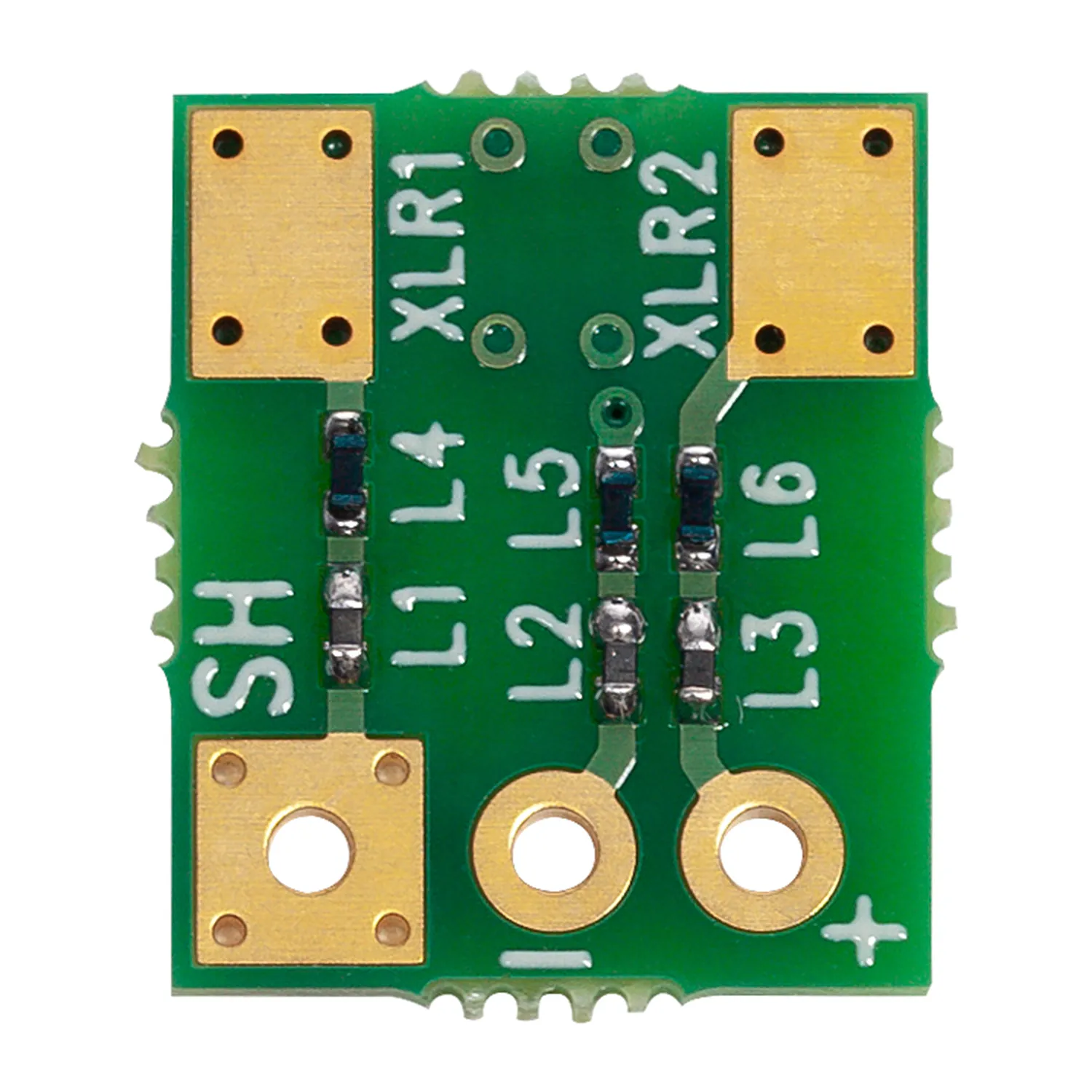 Sound Devices A-FILTER RF Filter Board for XLR Cables, a green circuit board seen from the front with its gold XLR and shield solder pads.