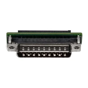 Sound Devices A-FLIP Receiver Orientation Adapter, a green circuit board with a 25-pin D-type connector, seen from the connector side.