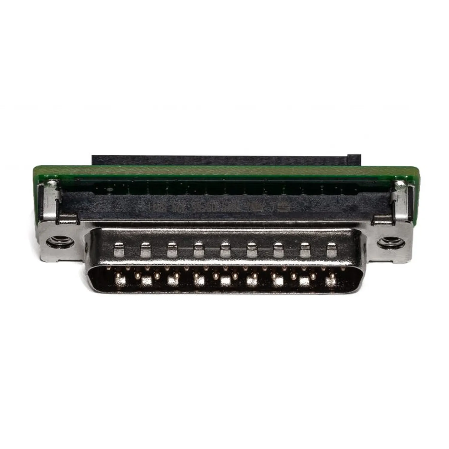 Sound Devices A-FLIP Receiver Orientation Adapter, a green circuit board with a 25-pin D-type connector, seen from the connector side.