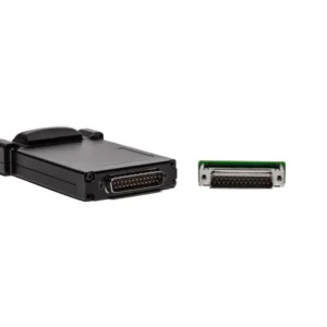 Sound Devices A-FLIP Receiver Orientation Adapter shown beside the 25-pin D-type connector end of a black wireless receiver.