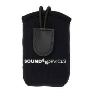 Sound Devices A20-Mini Pouch for Astral Mini: The black neoprene pouch from the front, with its elastic cords and tab.
