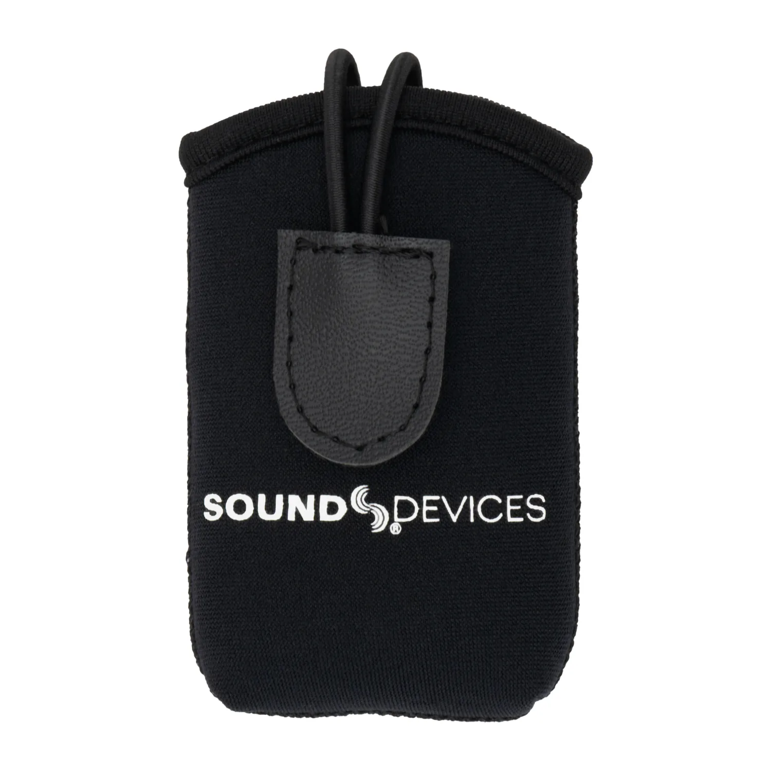 Sound Devices A20-Mini Pouch for Astral Mini: The black neoprene pouch from the front, with its elastic cords and tab.