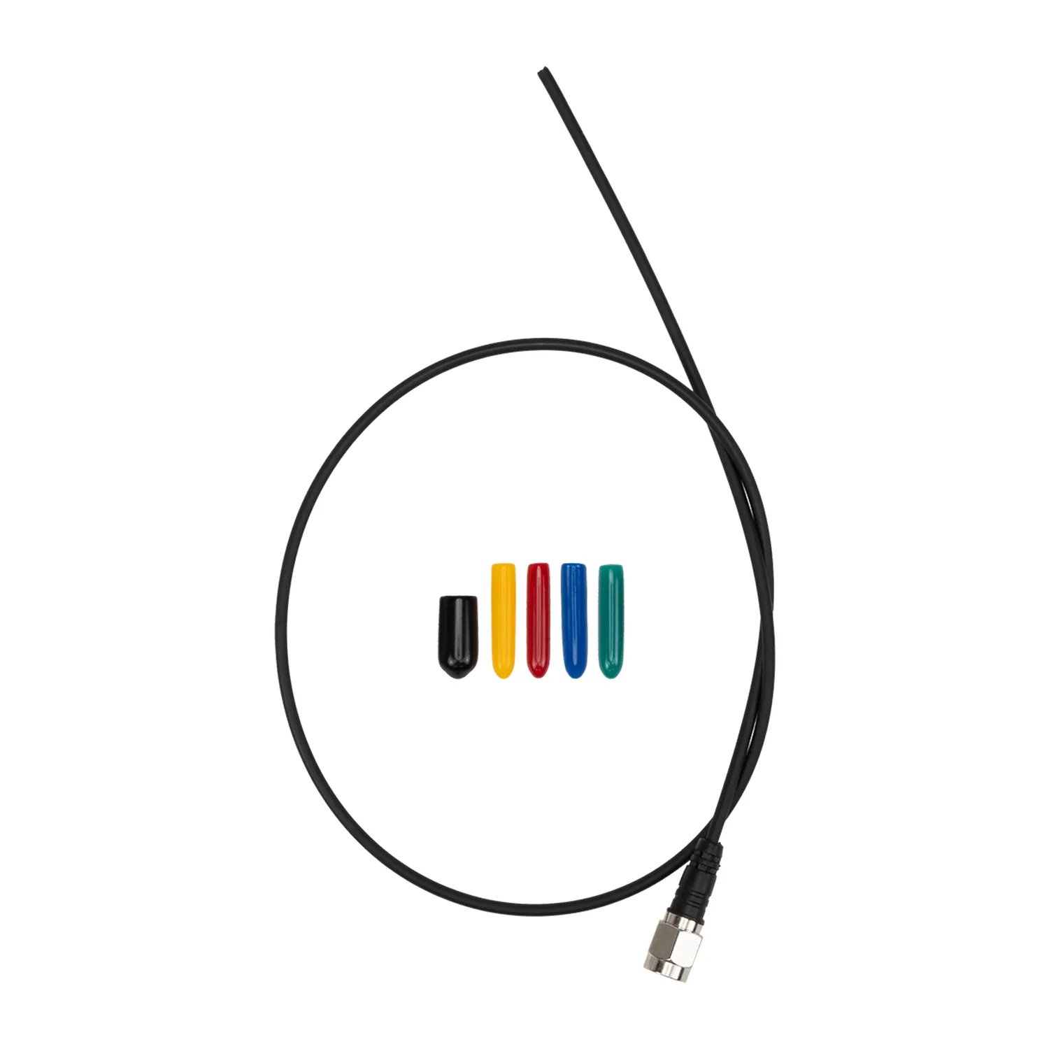Sound Devices Astral VHF Whip Antenna with SMA Connector: The uncut whip coiled with its SMA connector and colored antenna caps.