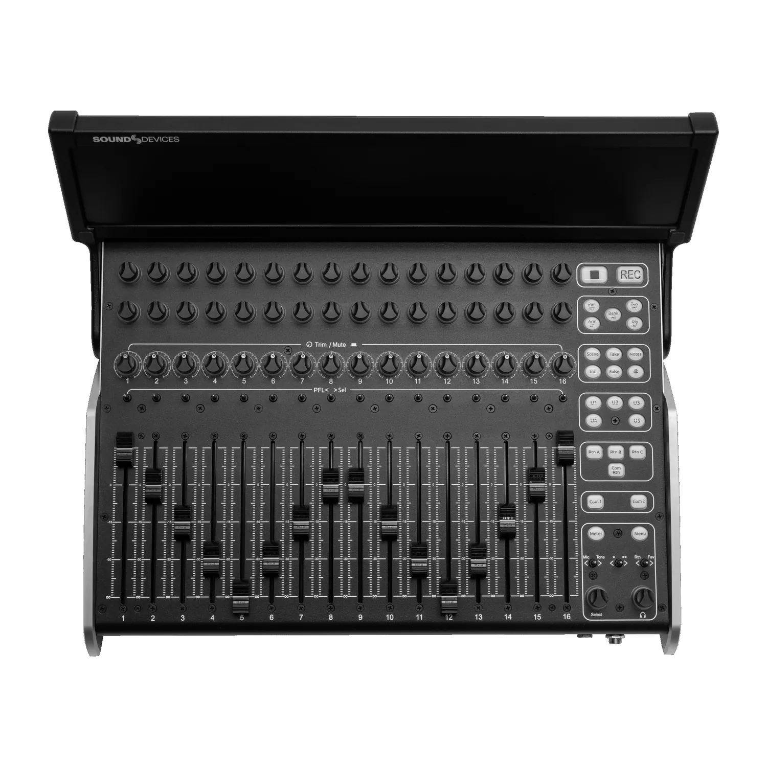 Sound Devices CL-16 Linear Fader Control Surface for 8-Series: The CL-16 from above with its 16 faders and trims.