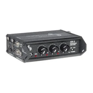 Sound Devices HX-3 Portable Headphone Distribution Amplifier: The amplifier from the front, with its three volume knobs and XLR inputs.
