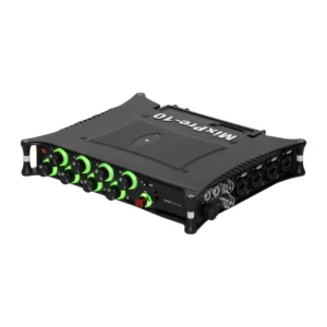 Sound Devices MixPre-10 II Multitrack Recorder and USB Audio Interface: The recorder at an angle, showing its gain knobs and screen.