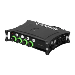 Sound Devices MixPre-6 II Multitrack Recorder and USB Audio Interface: The recorder at an angle, showing its gain knobs and screen.