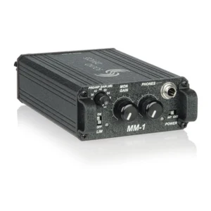 Sound Devices MM-1 Portable Mic Preamp with Headphone Monitor: The preamp at an angle, showing its gain and headphone controls.