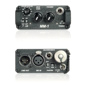 Sound Devices MM-1 Portable Mic Preamp with Headphone Monitor: The front and rear panels, one above the other.