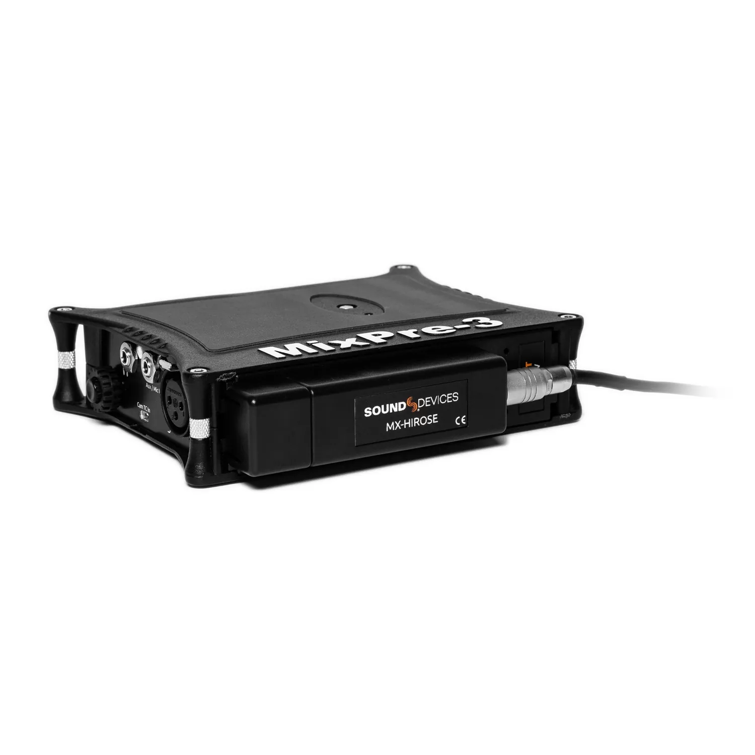 Sound Devices MX-HIROSE Hirose DC Input Sled for MixPre: The sled on a MixPre-3 with a power cable connected.