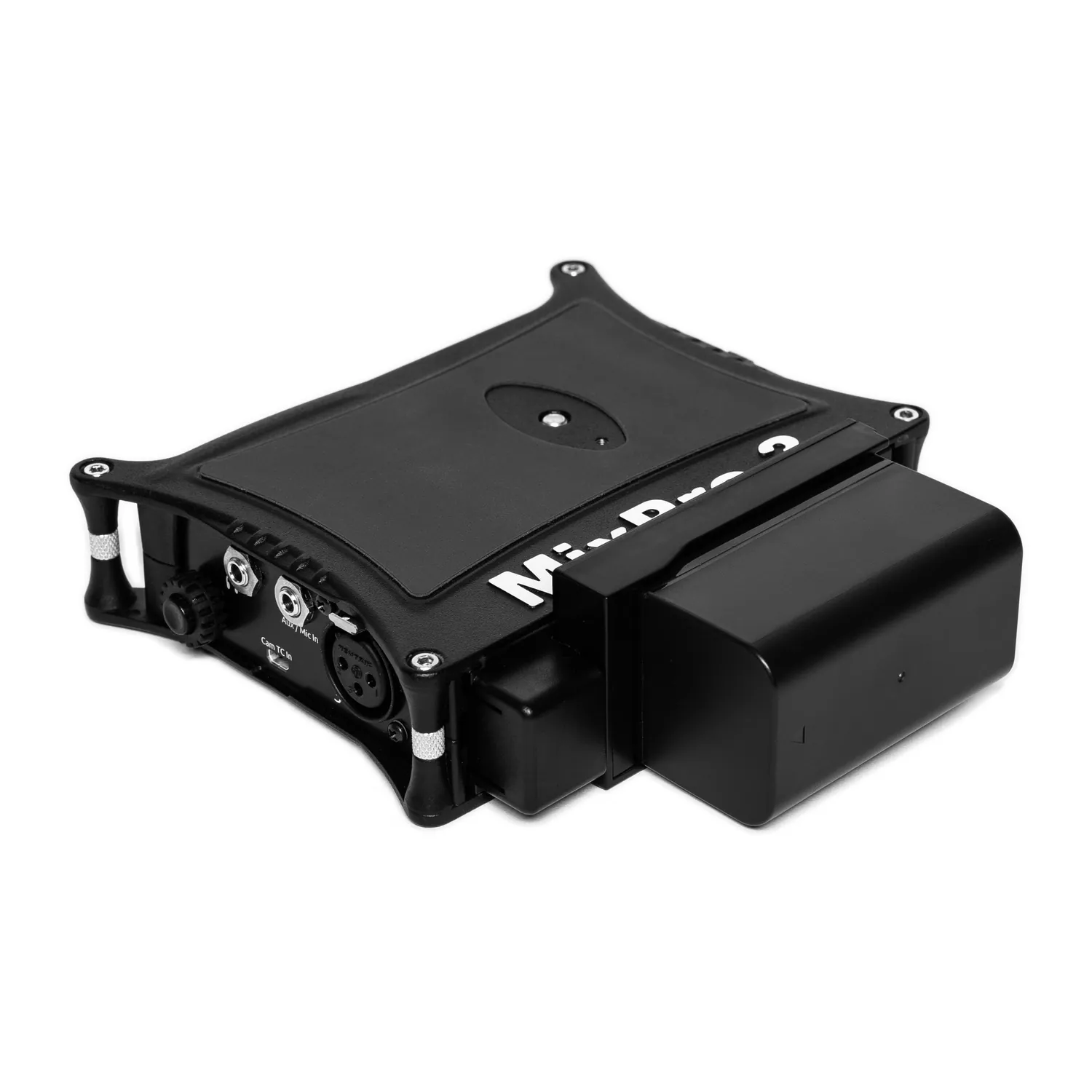Sound Devices MX-LM1 L-Mount Battery Sled for MixPre: The sled on a MixPre-3 with a battery fitted.