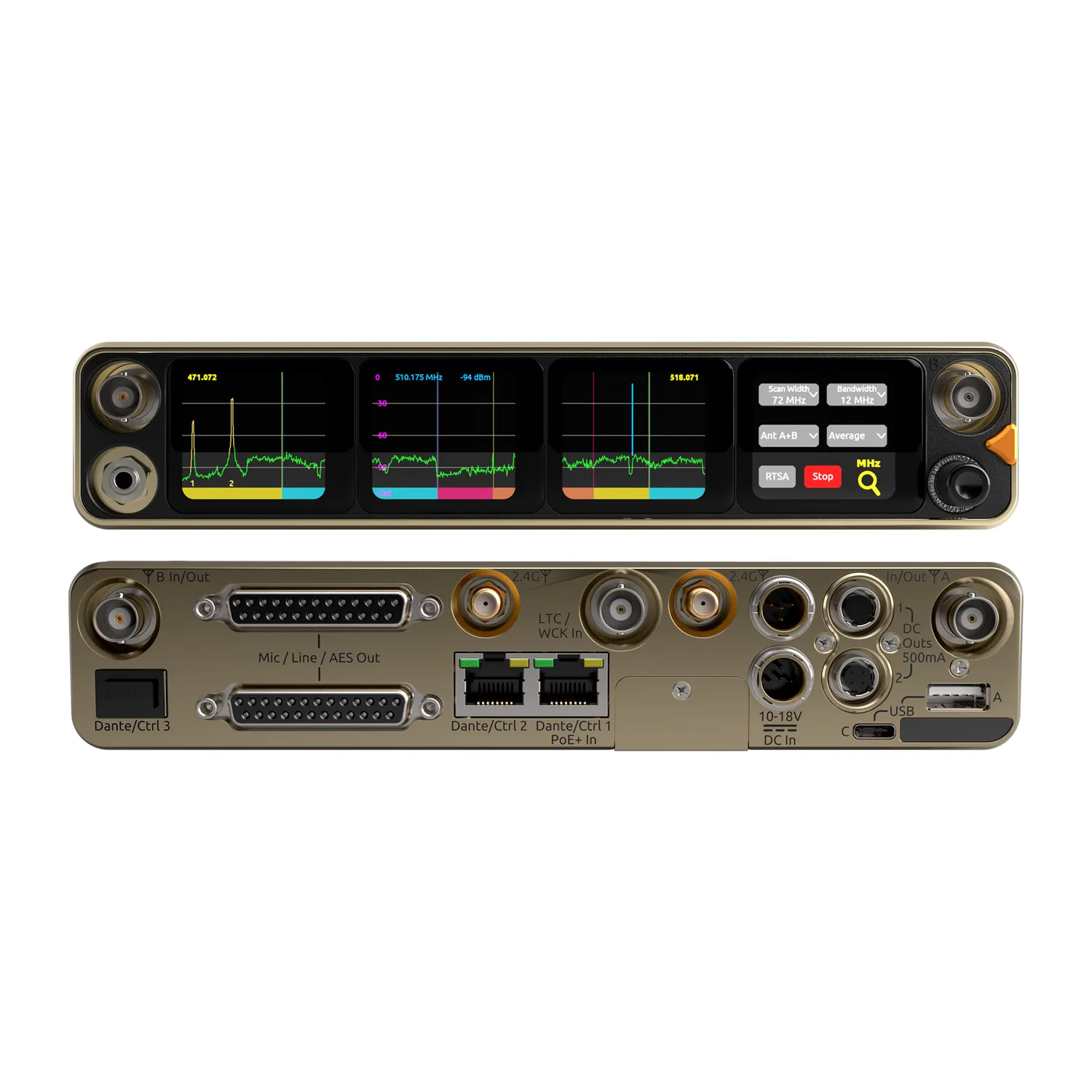 Sound Devices Astral ARX16 Digital Wireless Receiver: The front and rear panels, one above the other.