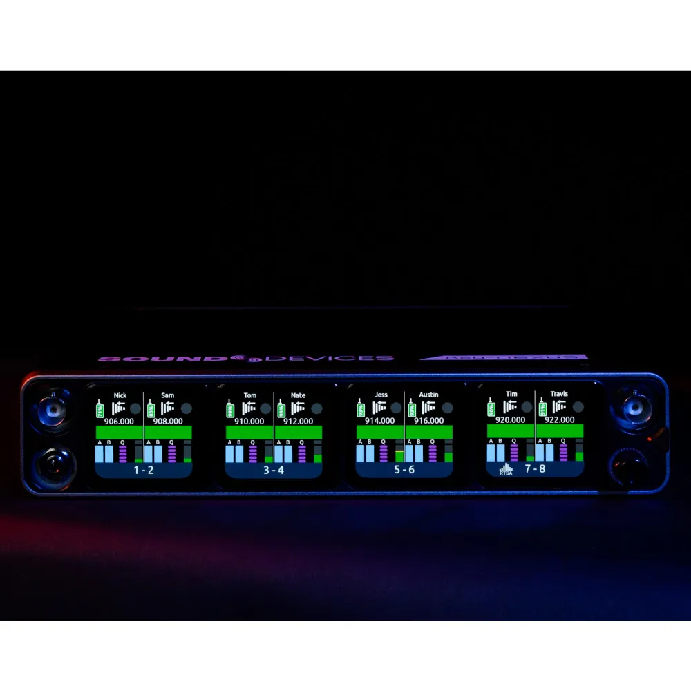 Sound Devices Astral ARX16 Digital Wireless Receiver: The front panel display lit in a dark room.