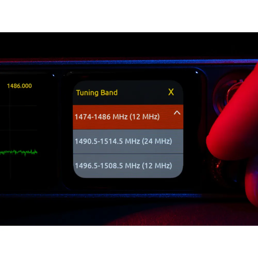 Sound Devices Astral ARX16 Digital Wireless Receiver: A close-up of the touch display showing its tuning band menu.