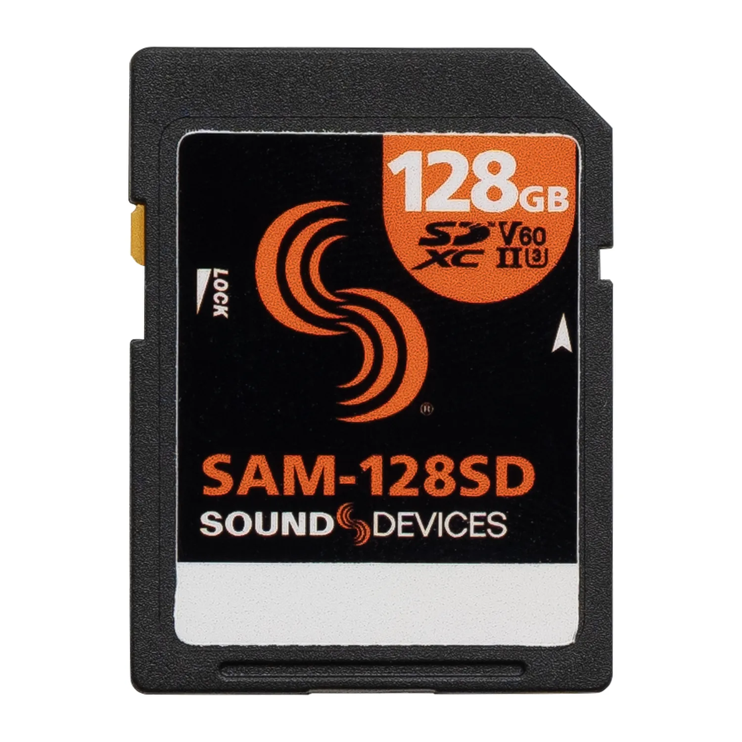Sound Devices SAM-128SD 128 GB SDXC Card: The 128 GB SDXC card from the front.