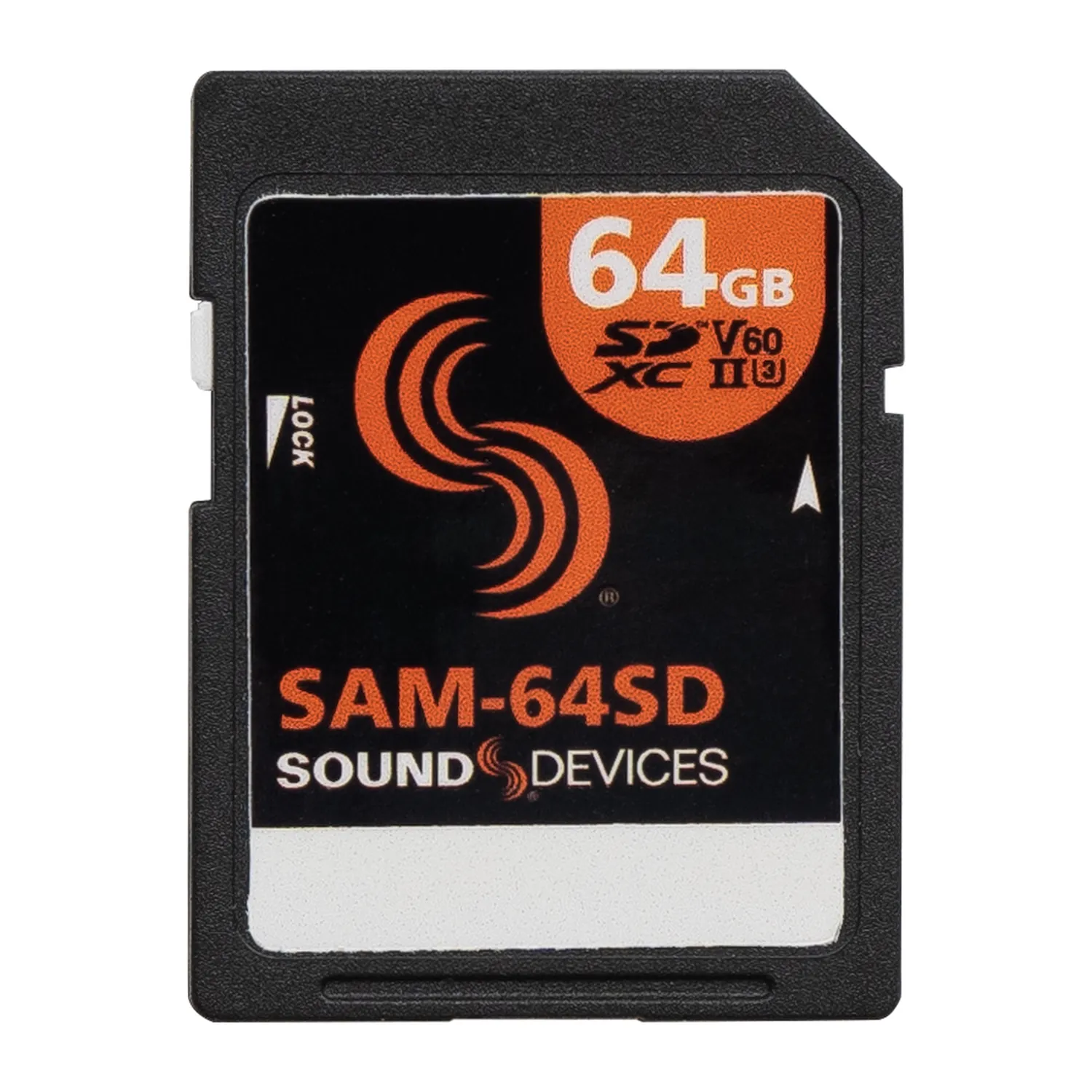 Sound Devices SAM-64SD 64 GB SDXC Card: The 64 GB SDXC card from the front.