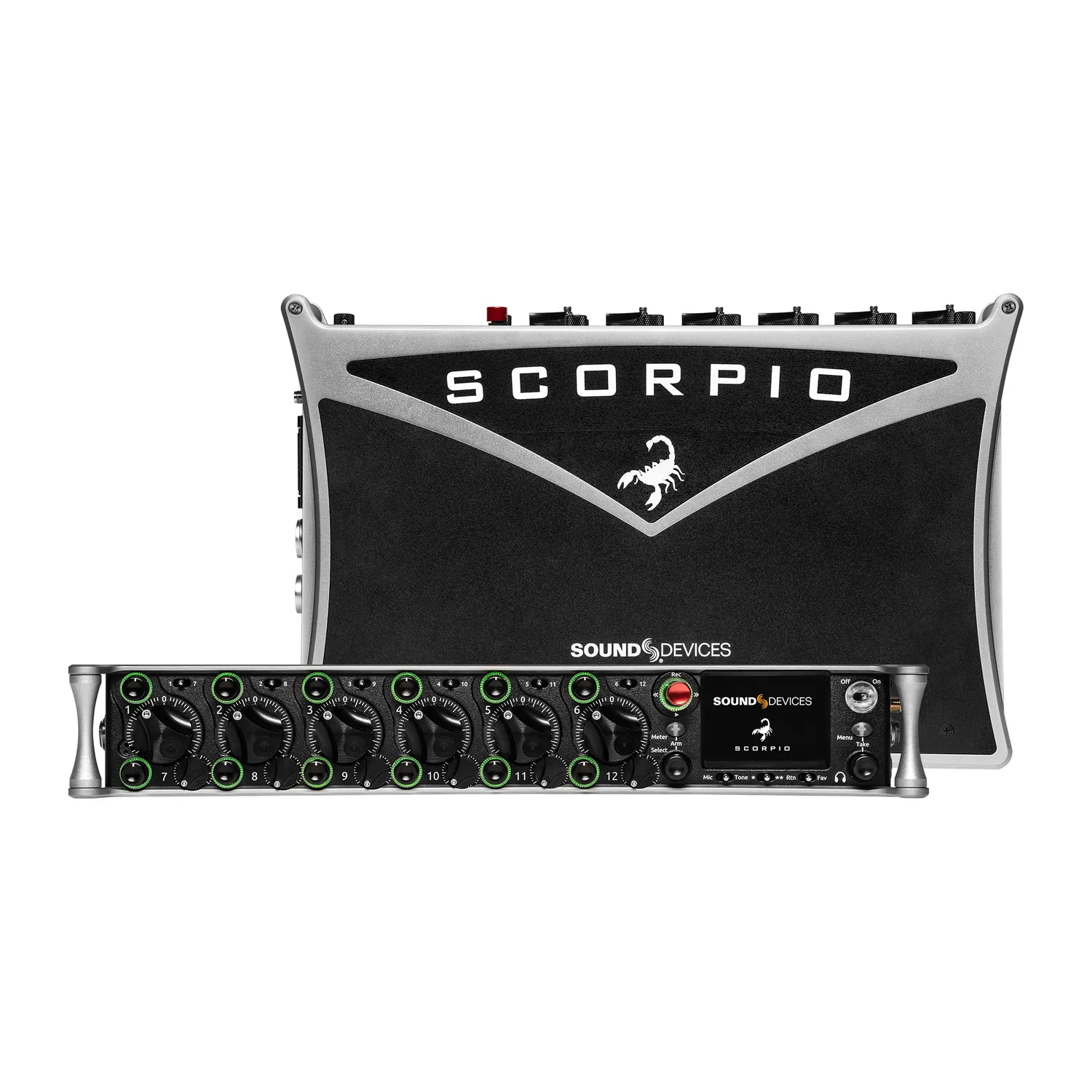 Sound Devices Scorpio Portable Mixer-Recorder: Two views of the Scorpio, its top panel and Scorpio badge above its front panel controls.