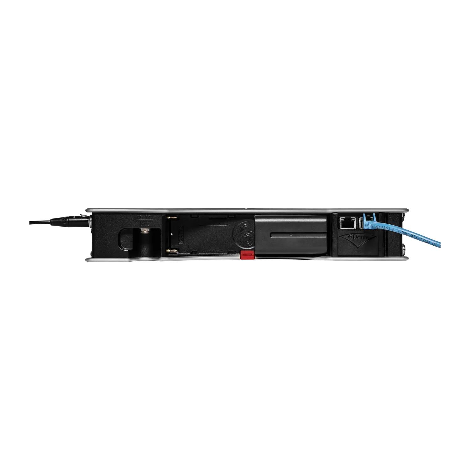 Sound Devices Scorpio Portable Mixer-Recorder: The rear panel with its battery slots and a network cable connected.