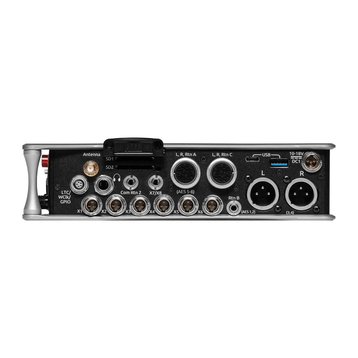 Sound Devices Scorpio Portable Mixer-Recorder: The right side panel with its outputs and ports.